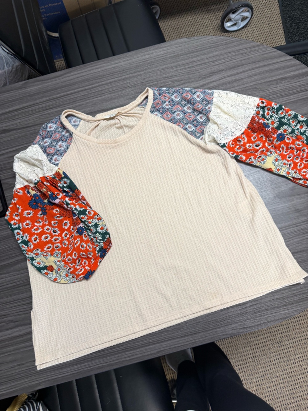 Umgee Cream Waffle Knit Top with Red Floral Patchwork Sleeves